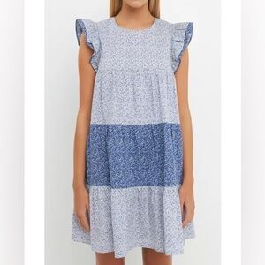 English Factory Floral Ruffled Mini Dress in Blue a Size XS